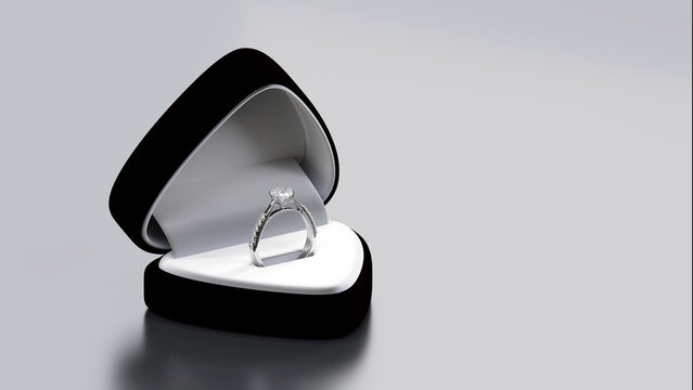 Platinum diamond ring with 3D render design, housed in an open black velvet jewelry box on white background.