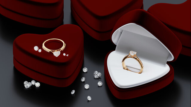 Gold diamond rings with 3D render design, housed in an open red velvet jewelry box with diamonds of various sizes on the floor. The concept of a studio in a jewelry store. heart shape diamond