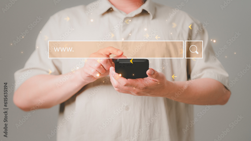 Poster Man using a mobile phone with searching browsing internet data information. Communication concept for smartphone using search with your website, social media, and shopping.