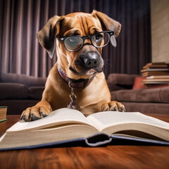 A dog wearing reading glasses and flipping through a book, as if studying, Generative Ai