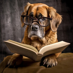 A dog wearing reading glasses and flipping through a book, as if studying, Generative Ai