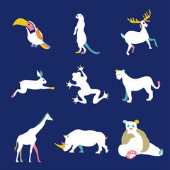 Animals set. Wild animal collection isolated. Tucan, Humster, deer, rabbit, lizard, pantera, giraffe, rhino, panda, bear © Veranika