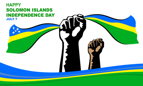 Illustration of hand holding Solomon Islands flag with Solomon flag ribbon frame commemorating Solomon Islands Independence Day on July 7
