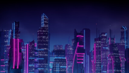 Fototapeta premium Futuristic Cityscape with Blue and Pink Neon lights. Night scene with Advanced Skyscrapers.