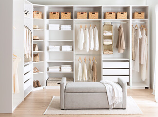 A cozy bedroom with white walls and a closet, featuring clothes hung up in neat fashion