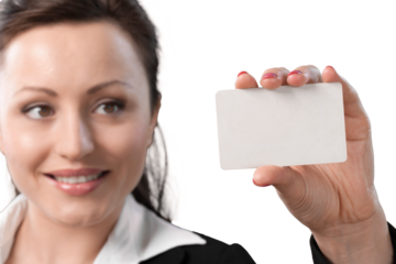Beautiful business woman holds white card