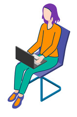 Young woman using laptop computer while sitting on chair. Isolated on white background. Isometric Flat Design. Vector illustration eps10