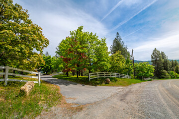 A country gravel road leading past a driveway and white picket fence in a rural community...