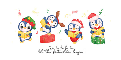 Group of cute christmas penguin cartoon caroler Penguins Singing Festive Songs, Delightful Watercolor Cartoon for Kids. Perfect for Cards, Invitations, and Decorations.