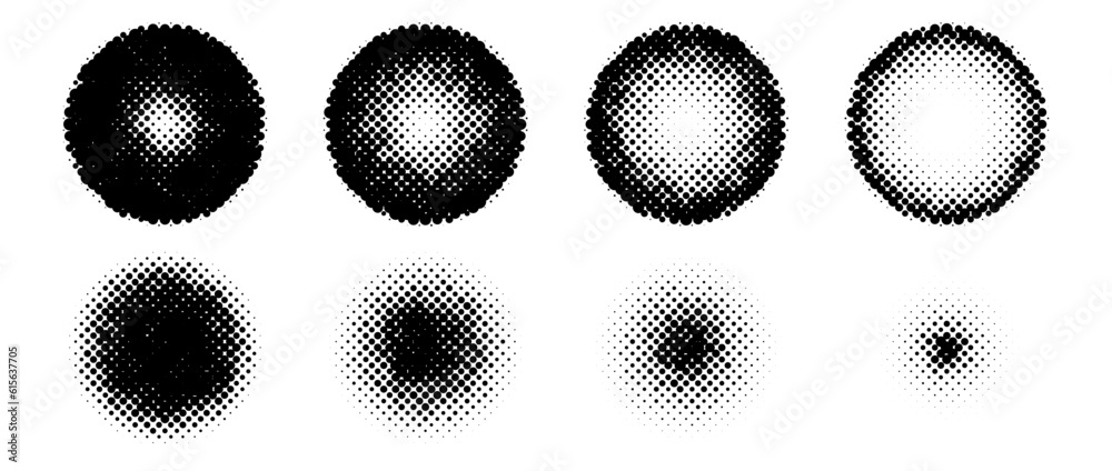 Poster Halftone circle shapes set. Dotted textured spheres collection. Round fading gradient in comic pop art style. Black spotted design elements bundle. Rasterized and pixelated background pack. Vector