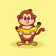 Cute monkey holding banana icon illustration isolated in yellow background. animal icon concept isolated.  flat cartoon style