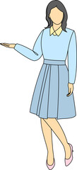 A young lady standing and showing empty copy space on open right hand palm for text, product. Proposing good product. Gesturing for advertisement.