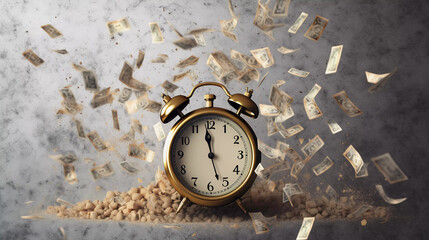 Money coins with retro alarm clock, Return on investment, deposit, growth of income, retirement and savings. Time is money concept, Generative AI