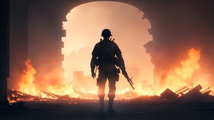 Fototapeta premium Soldier standing with gun in battlefield, burning buildings background, war concept -Generative Ai