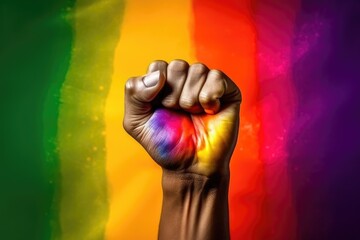 Hand with a clenched fist painted with the colors of the gay or lgtbi flag as a symbol of pride