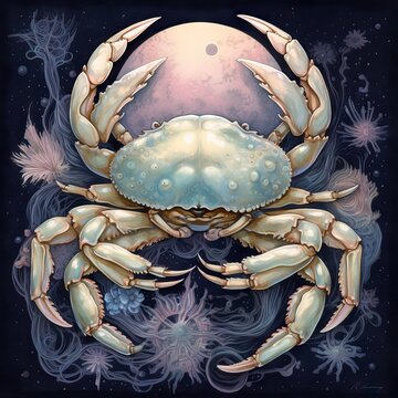 A crab emerging from water against a moonlit night sky represents the zodiac sign Cancer. Generative AI.