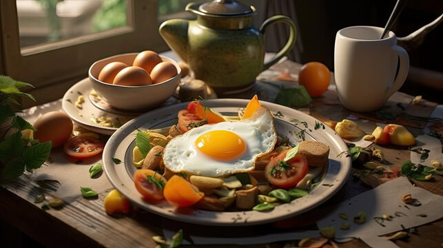food on a table with eggs, tomatoes, and other things to eat for breakfast in the day or night