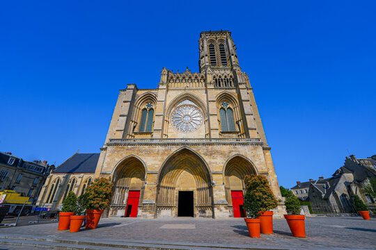 Basilica-cathedral of Soissons, dedicated to Saint Gervais and Saint Protais in the French Aisne department in Picardy - Medieval roman catholic cathedral in the North of France