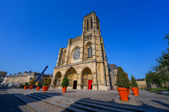 Basilica-cathedral of Soissons, dedicated to Saint Gervais and Saint Protais in the French Aisne department in Picardy - Medieval roman catholic cathedral in the North of France