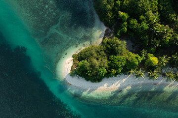 Beautiful Mangrove island landscape and scenery during blue sky, sunrise and sunset from aerial view