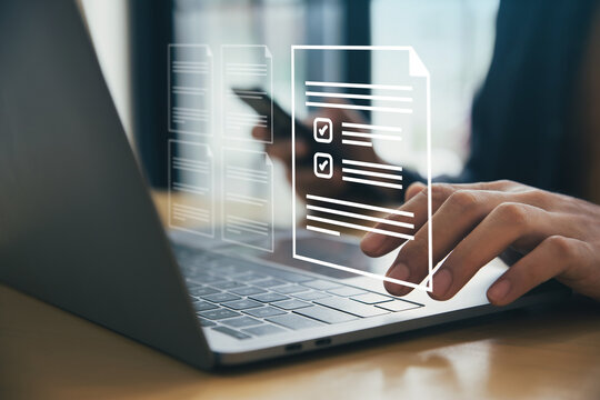 Compliance rules or standard quality control certification assurance concept. Hand of man using laptop with documents with checkbox lists