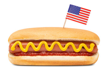 Hot Dog. Hot Dog with American US or USA Flag. Classic Hot Dog bun with pork or beef sausage, wiener or frankfurter and mustard, ketchup. Patriotic fast-food on July 4 Independence Day United States