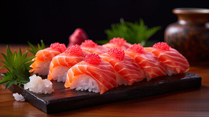 some food that is on a wooden board with chops and sushitches in the photo has black background