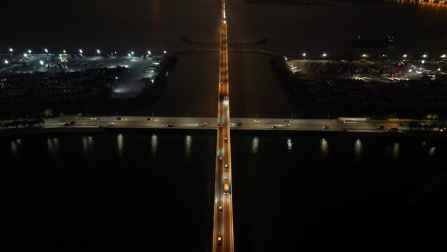 Tilt up aerial view over bridge revealing Taipa, Macau