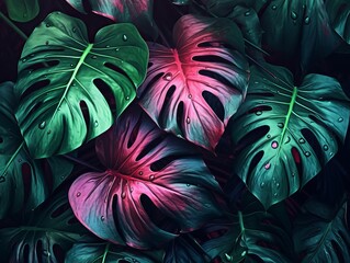 abstract background of green leaves with pink colors, the Monstera plant. Created with generative AI technology	