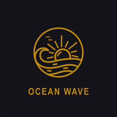 ocean wave tropical island and palm tree logo line art vector illustration