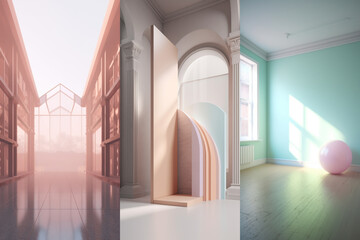 Colorful empty modern architecture interiors (liminal spaces) bundle of 3 vertical images