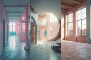 Colorful empty modern architecture interiors (liminal spaces) bundle of 3 vertical images