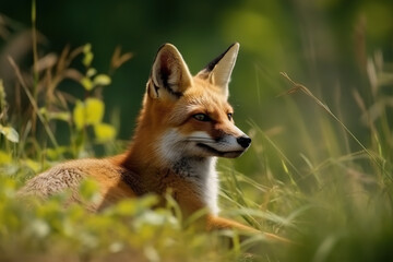 Image of fox resting on green pasture grass on summer. Wildlife Animals. Illustration. Generative AI.