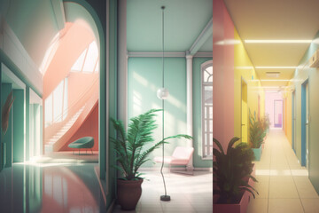 Colorful empty modern architecture interiors (liminal spaces) bundle of 3 vertical images