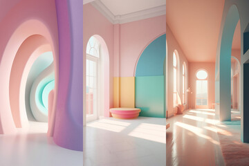 Colorful empty modern architecture interiors (liminal spaces) bundle of 3 vertical images