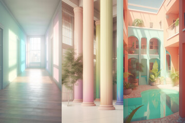 Colorful empty modern architecture interiors (liminal spaces) bundle of 3 vertical images