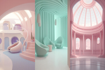 Colorful empty modern architecture interiors (liminal spaces) bundle of 3 vertical images