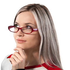Thoughtful Woman with Glasses and Hand on Chin - Isolated
