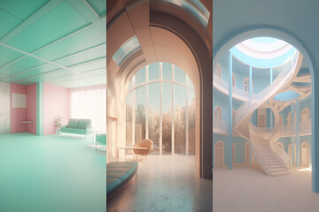 Colorful empty modern architecture interiors (liminal spaces) bundle of 3 vertical images