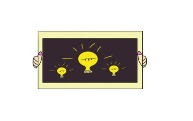 Cute hand drawing of tablet or board with showing light bulb. Concept idea of finding the way out. Correct answer.