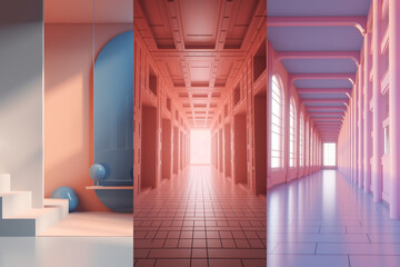 Colorful empty modern architecture interiors (liminal spaces) bundle of 3 vertical images