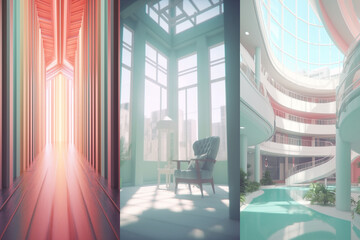 Colorful empty modern architecture interiors (liminal spaces) bundle of 3 vertical images