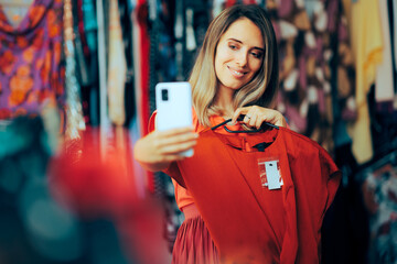 Shopping Woman Taking a Selfie with a New Red Blouse. Cheerful customer having fun on a shopping...