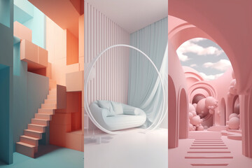 Colorful empty modern architecture interiors (liminal spaces) bundle of 3 vertical images