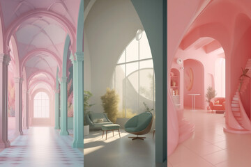 Colorful empty modern architecture interiors (liminal spaces) bundle of 3 vertical images