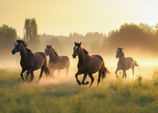 Image of flock of horses in the fertile meadows and forests. Wildlife Animals. Illustration, Generative AI.