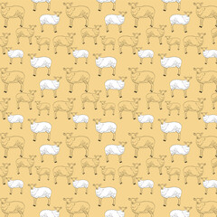 Seamless pattern of sheep drawing with simple lines, beige background vector, sheep pattern, vector illustration of cute sheep, cartoon style.