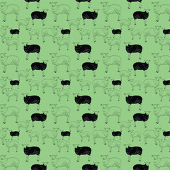 Seamless pattern of sheep drawing with simple lines, green background vector, sheep pattern, vector illustration of cute sheep, cartoon style.