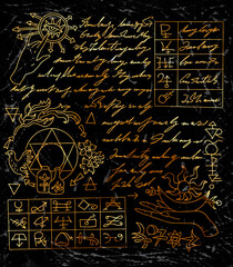 Fantasy hand drawn illustration with beautiful vampire princess, bats and romantic victorian decorations against old paper textured background. Halloween art with gothic and esoteric concept.