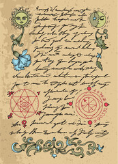 Vector Page with magic spells, pentagram and drawings from witch book on textured background.